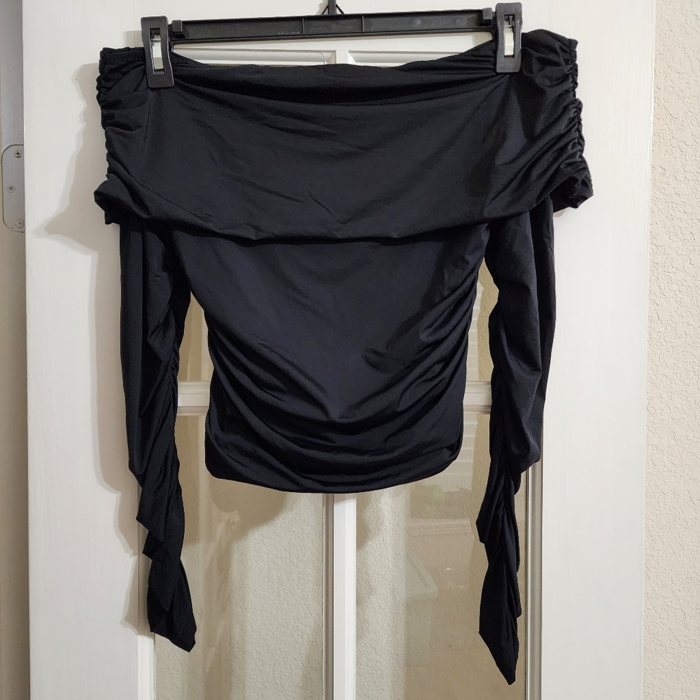 White Fox Black Ruched Off Shoulder Long Sleeve Top Medium Bodycon